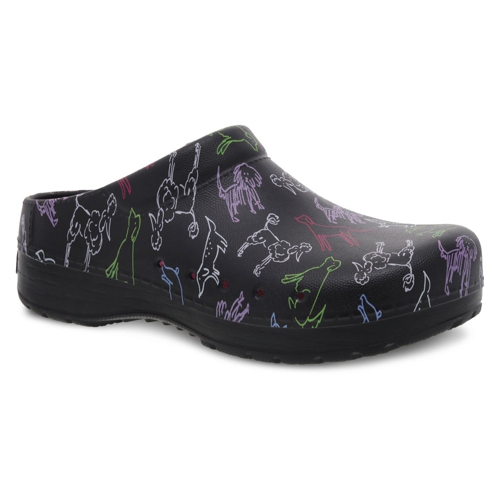 Dansko Black Slip-On Clog with Multicolor Dog Outline Print